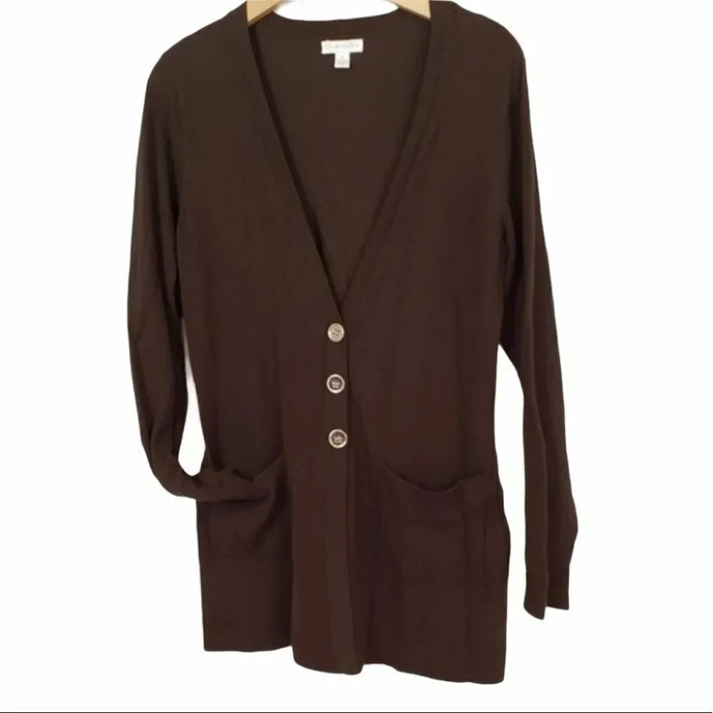 Charter Club Cardigan Sweater Sz S Brown V-Neck‎ Button Front Pocket Long Sleeve